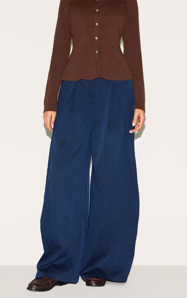 Navy Woven Pleat Detail Wide Leg Tailored Pants