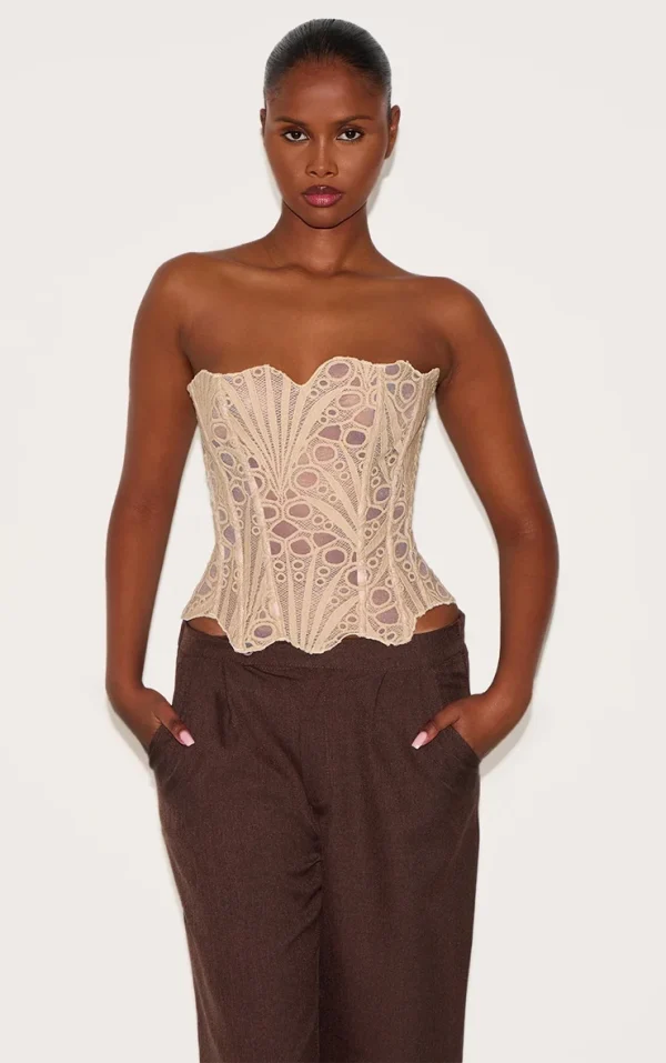Almond Textured Sheer Floral Lace Corset