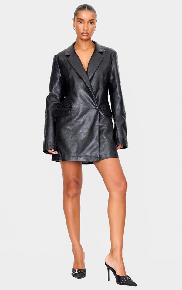 Black Structured Faux Leather Blazer Dress