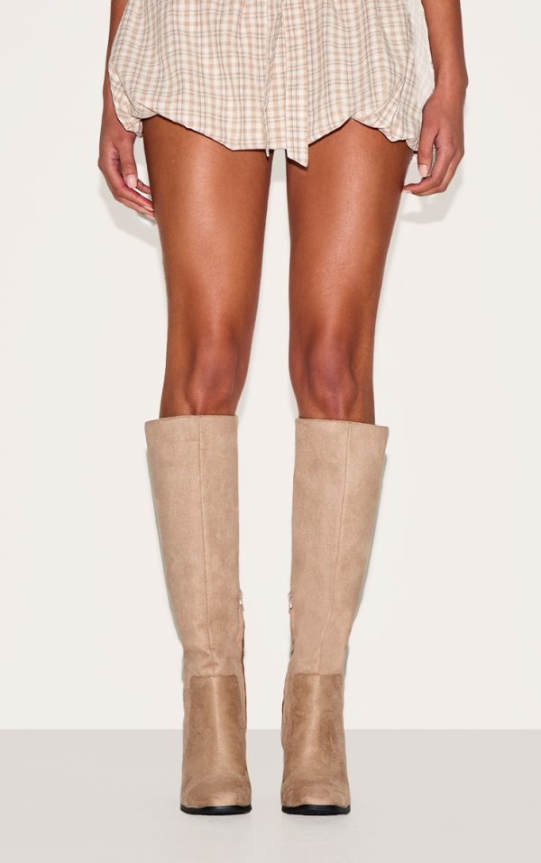 Stone Faux Suede Round Toe High Block Heel Knee High Boots