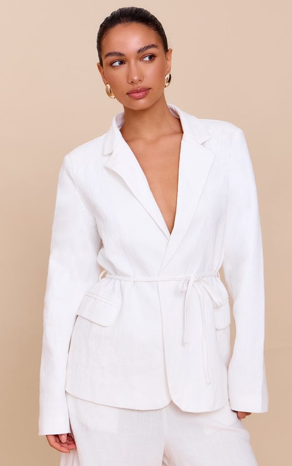 Off White Linen Look Tie Waist Blazer