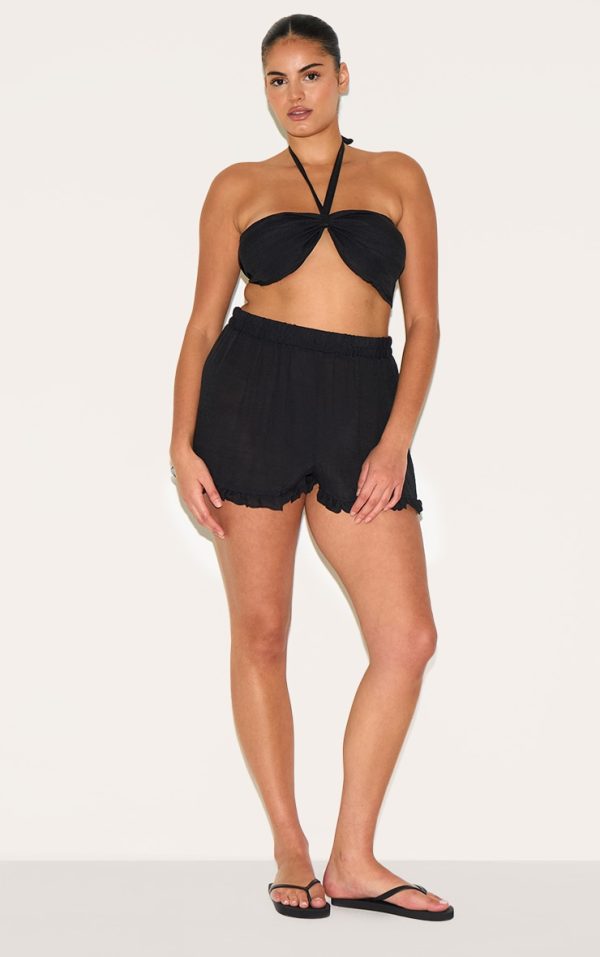 Plus Black Frill Edge Textured Shorts