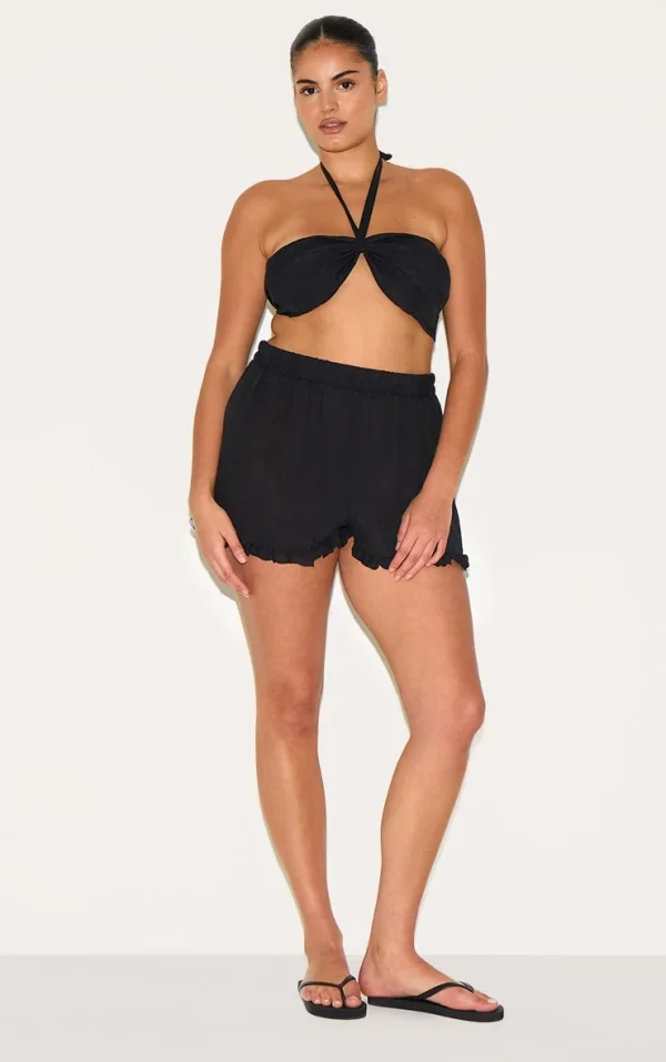Plus Black Frill Edge Textured Shorts