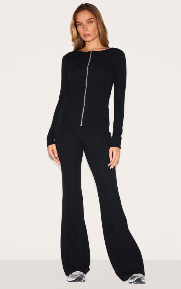 Black Rib High Waist Flares