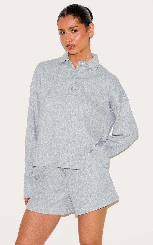 Tall Grey Marl Loopback Oversized Polo Detail Sweatshirt