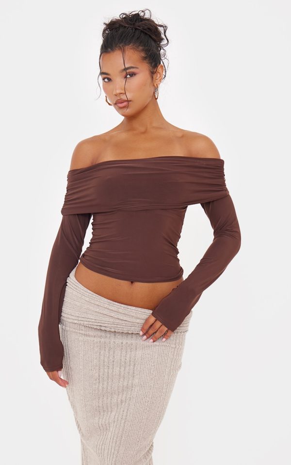 Brown Slinky Bardot Long Sleeve Long Top