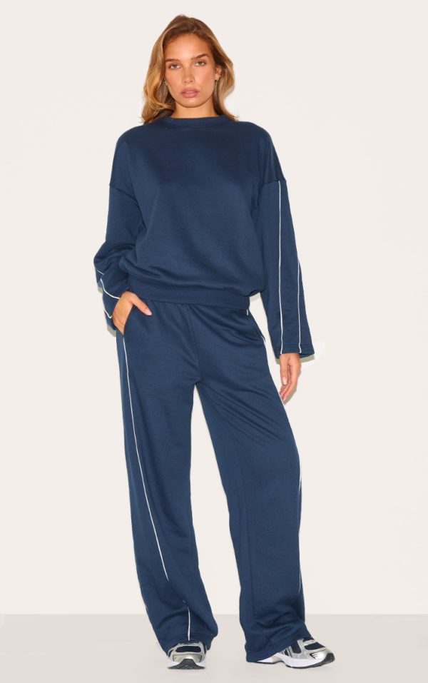 Navy Contrast Piping Detail Wide Leg Sweatpants