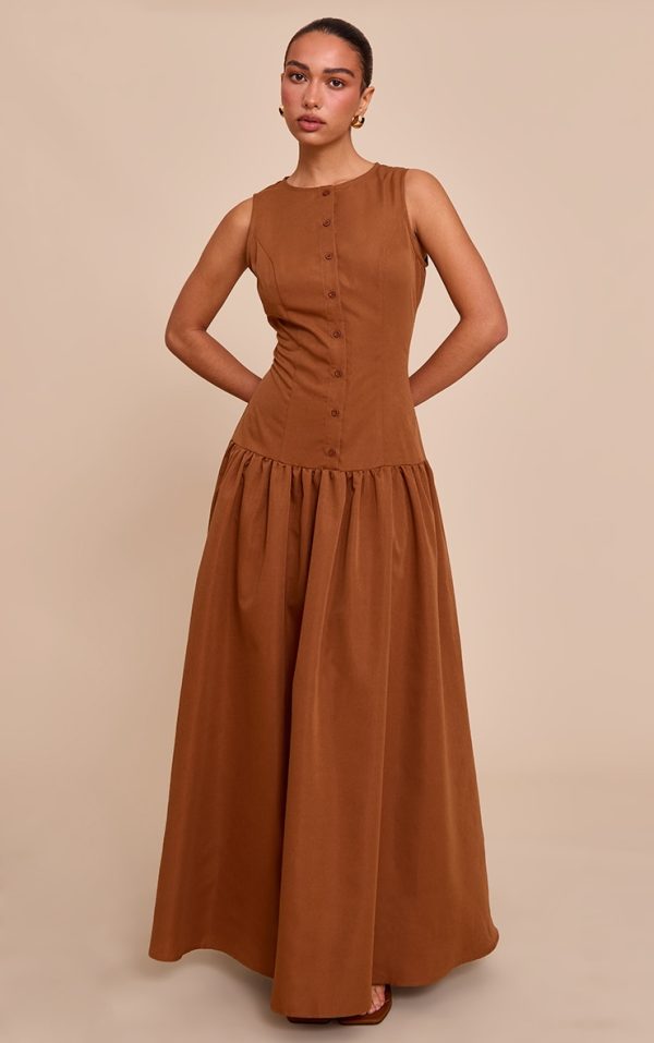Chocolate Button Down Drop Waist Maxi Dress