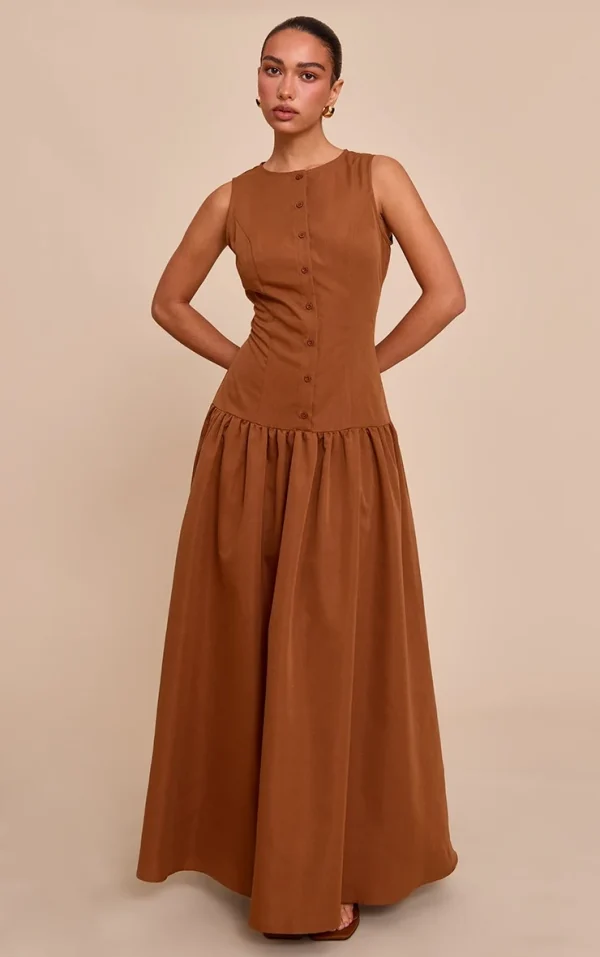 Chocolate Button Down Drop Waist Maxi Dress