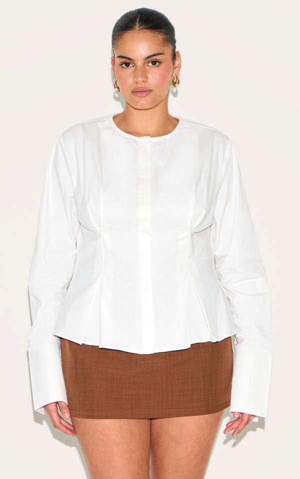 Plus White Cotton Pleat Detail Long Sleeve Shirt