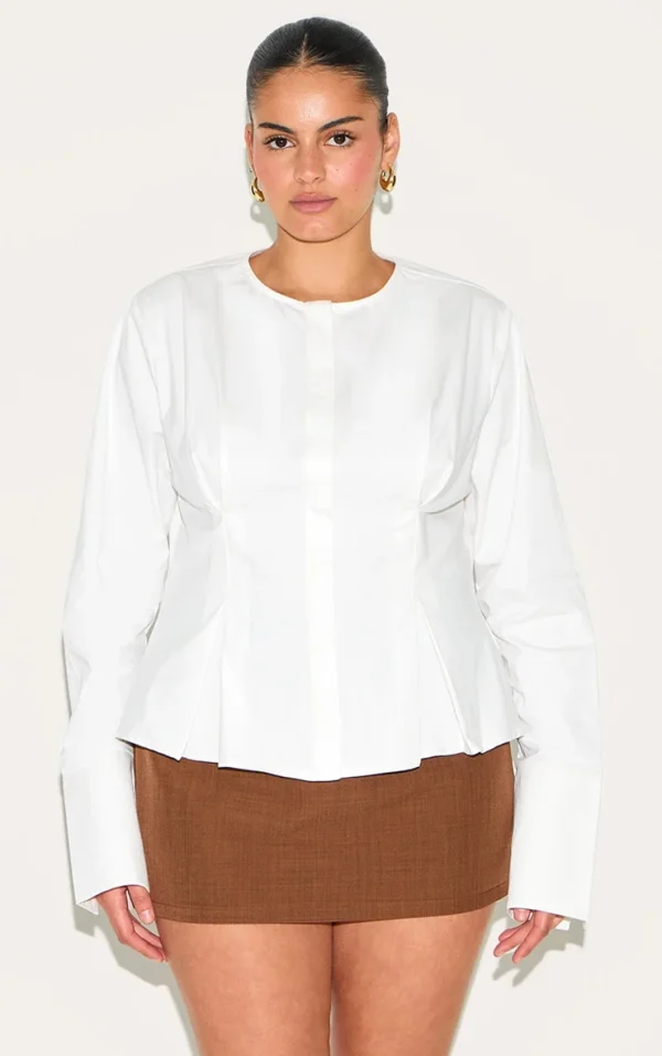 Plus White Cotton Pleat Detail Long Sleeve Shirt