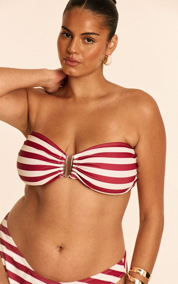 Plus Burgunday Stripe U Bar Bandeau Bikini Top