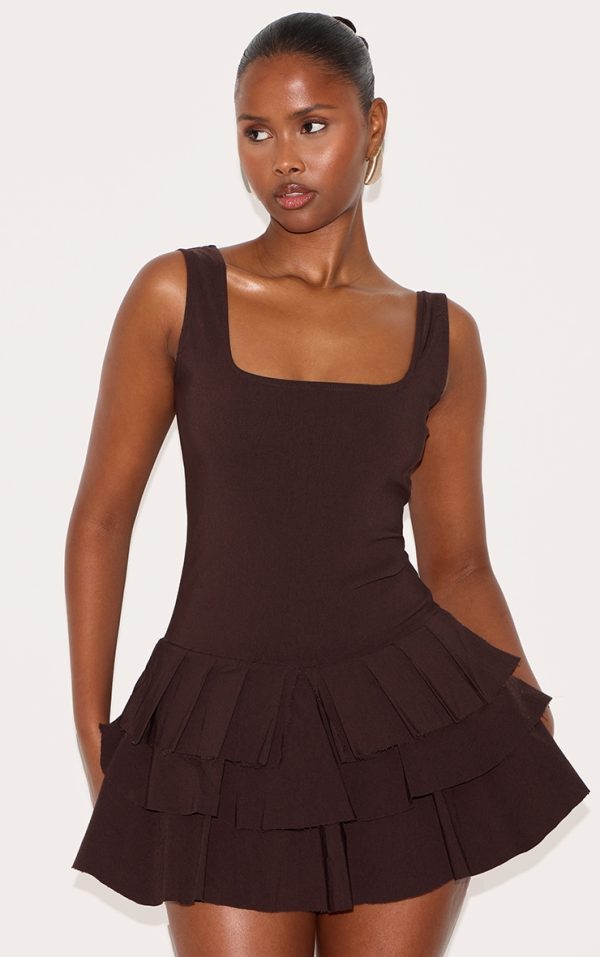 Chocolate Stretch Woven Pleated Skort Romper