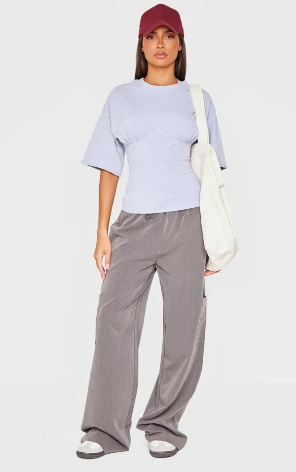 Grey Marl Ruched Bust Detail Fitted T Shirt