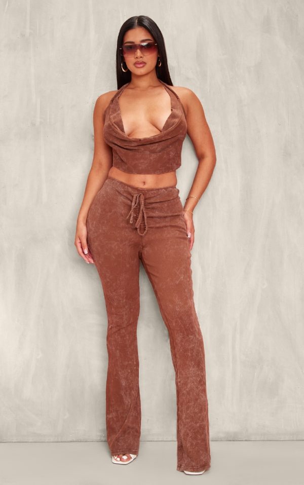 Shape Brown Washed Ribbed Ruched Front Flare Pants