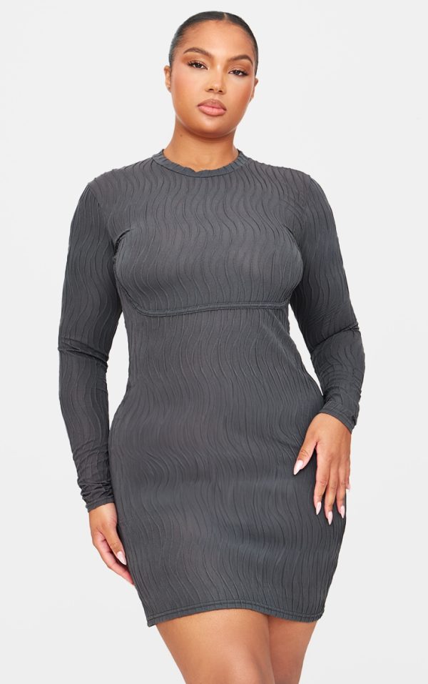 Plus Charcoal Textured Long Sleeve Bust Seam Detail Mini Dress