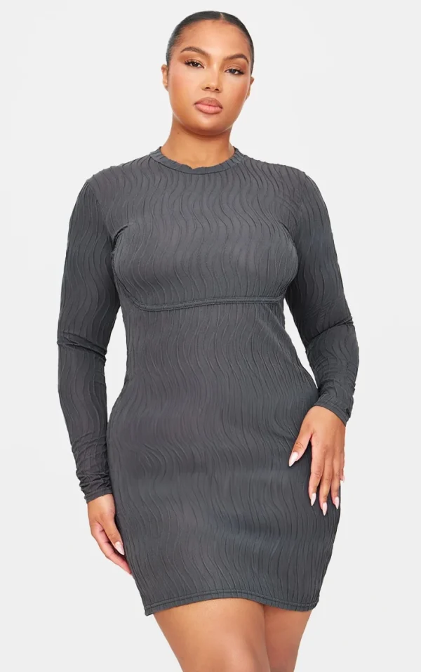 Plus Charcoal Textured Long Sleeve Bust Seam Detail Mini Dress