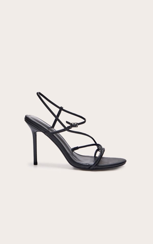 Black Wide Fit Pu Strappy Asymmetric Buckle High Stiletto Heeled Sandals