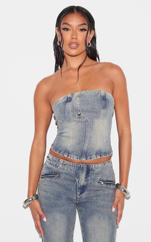 Vintage Seam Detail Strapless Denim Bandeau Top