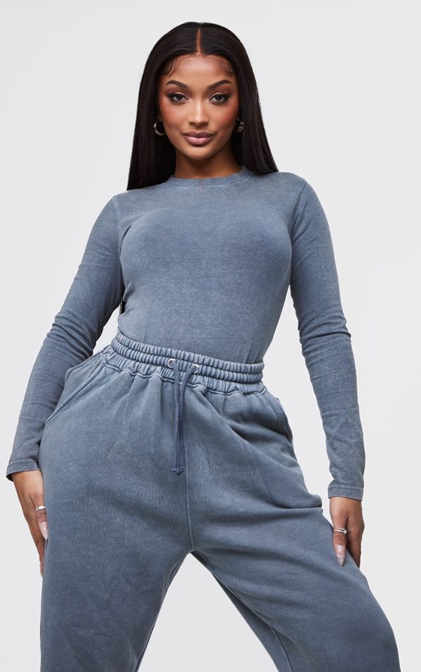 Shape Washed Charcoal Cotton Long Sleeve Crew Neck Bodysuit