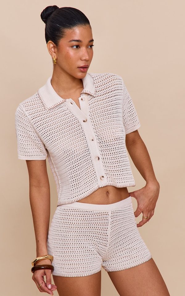 Oatmeal Contrast Stitch Crochet Knit Short