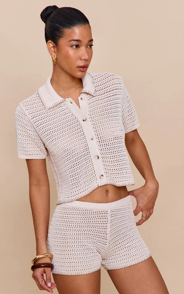 Oatmeal Contrast Stitch Crochet Knit Short