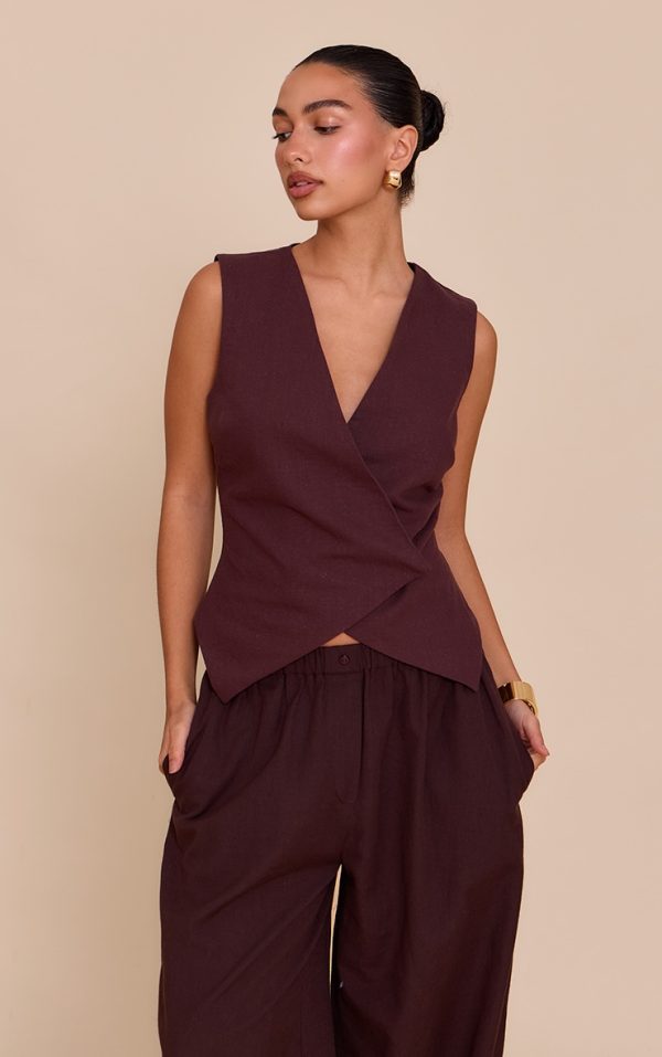 Deep Chocolate Premium Linen Blend Button Asymmetric Vest