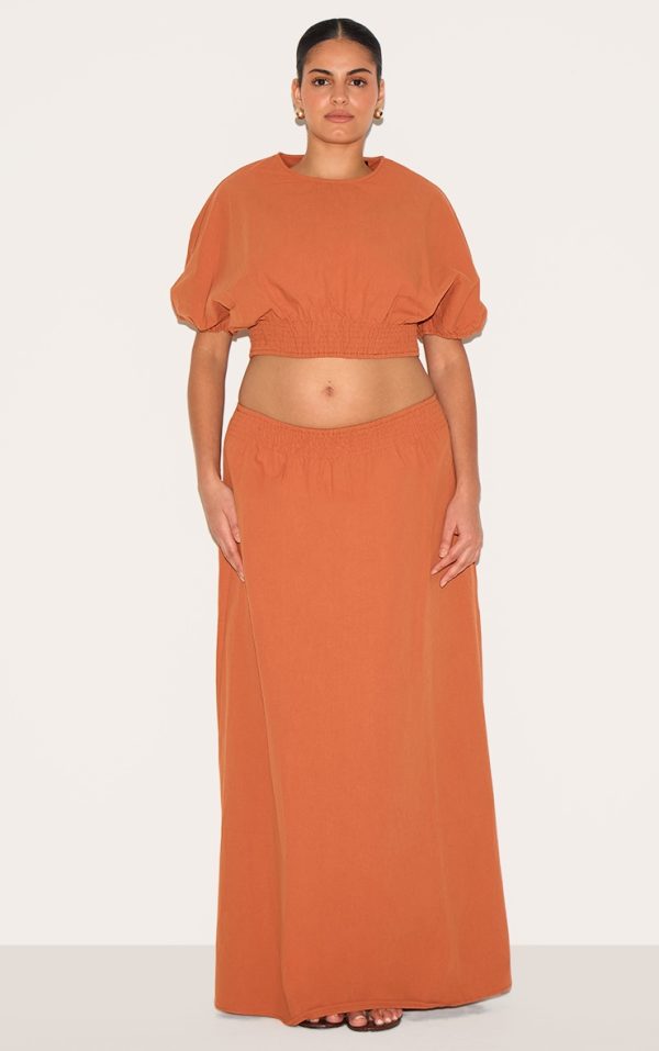 Plus Burnt Orange Shirred Waist Low Rise Maxi Skirt