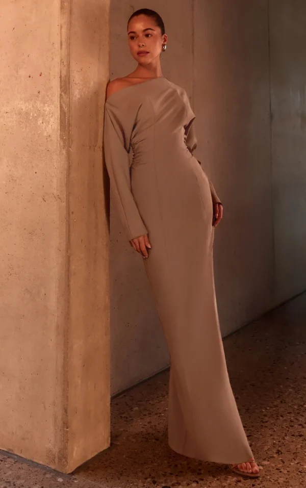 PLT Label Taupe Asymmetric Batwing Sleeved Cinched Waist Maxi Dress