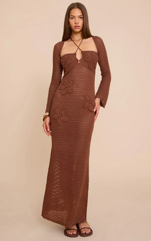 Chocolate Flower Applique Long Sleeve Crochet Maxi Dress