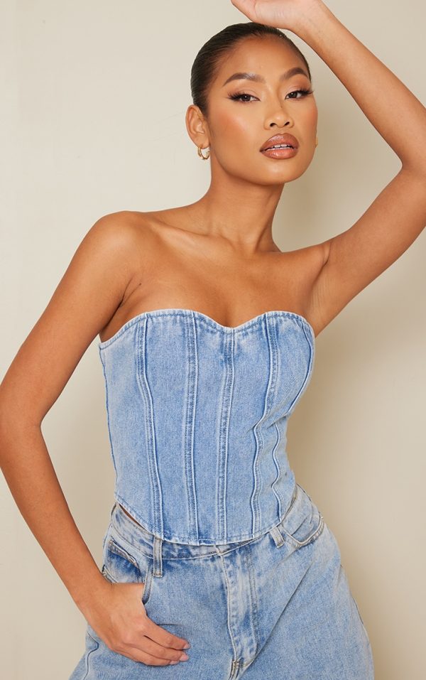 Acid Blue Wash Seam Detail Denim Corset Top
