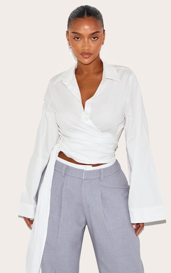 Shape White Wrap Tie Waist Wide Sleeve Shirt