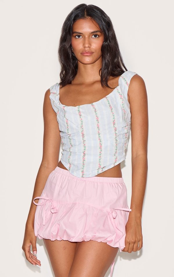 Pastel Blue Stripe Ditsy Print Ruched Corset Top