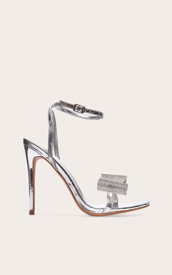 Silver PU Round Toe Diamante Bow Heeled Sandals