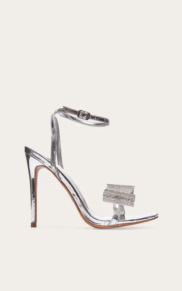 Silver PU Round Toe Diamante Bow Heeled Sandals