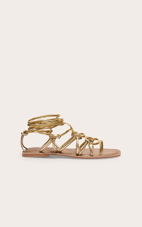 Gold Metallic Real Leather Square Toe Knotted Strap Tie Up Sandals