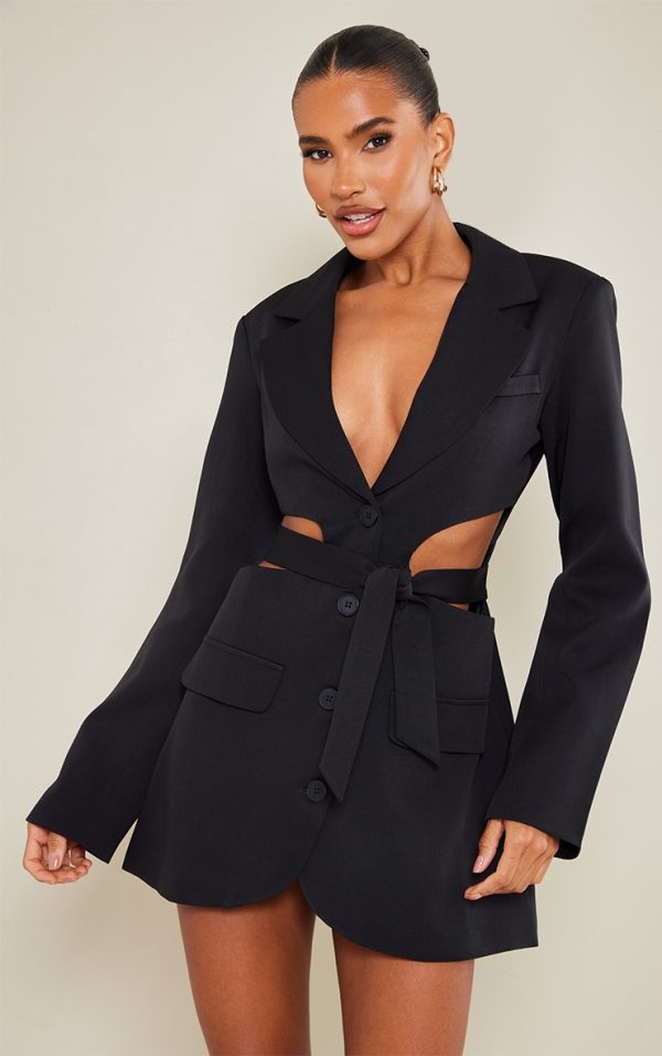 Black Plunge Side Cut Out Tie Detail Blazer Dress