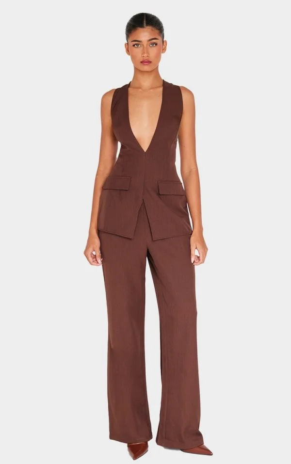 Dark Chocolate Structured Woven Vest Detail Straight Leg Jumpsuit