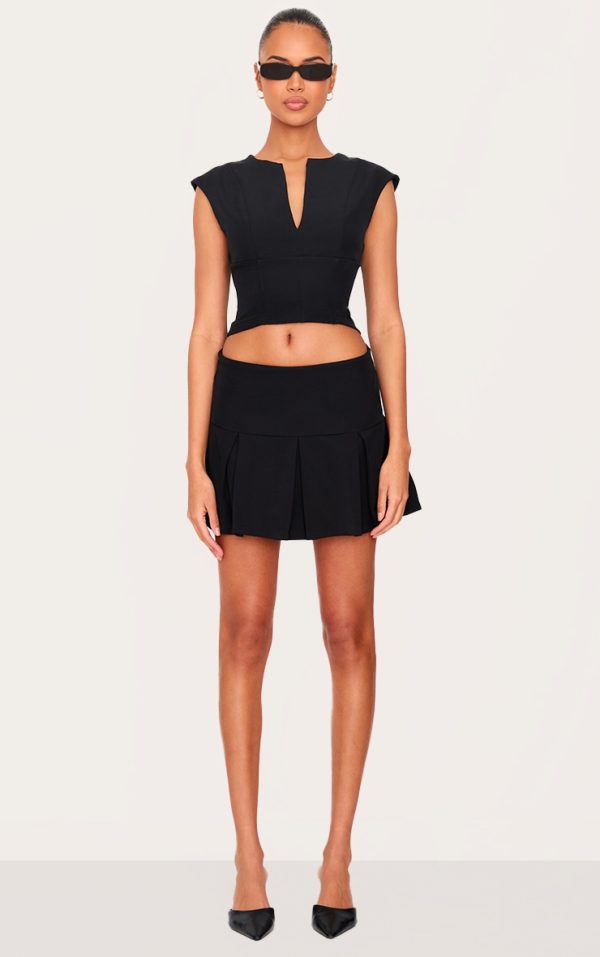 Black Tailored Woven Low Rise Pleated Micro Mini Skirt