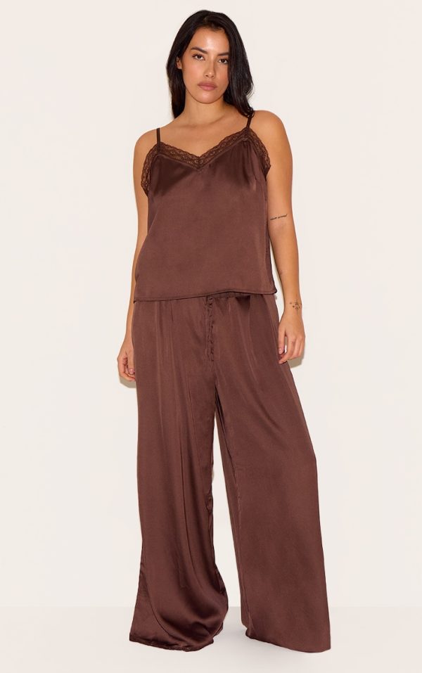 Plus Chocolate Satin Lace Trim Cami Long Pj Set