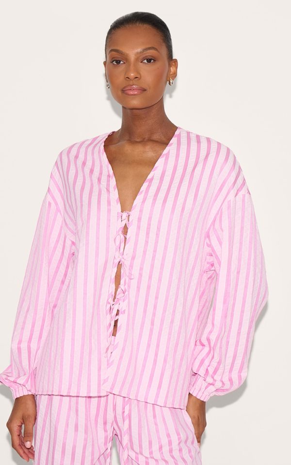 Pink Striped Textured Tie Front Shirt