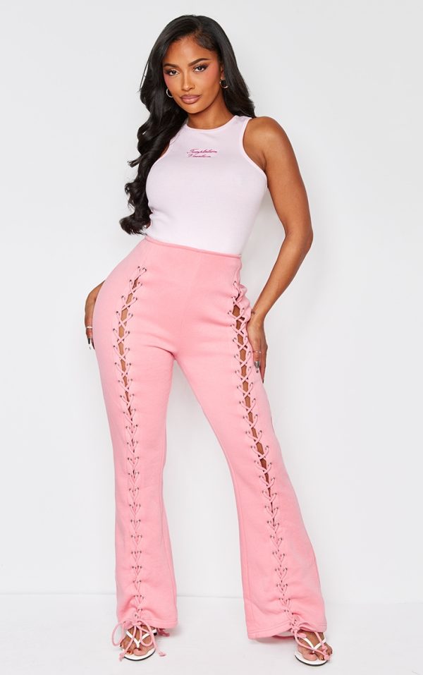 Shape Pink Lace Up Front Wide Leg Sweatpants