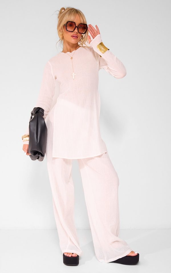 Cream Cheesecloth Textured Wide Leg Pants