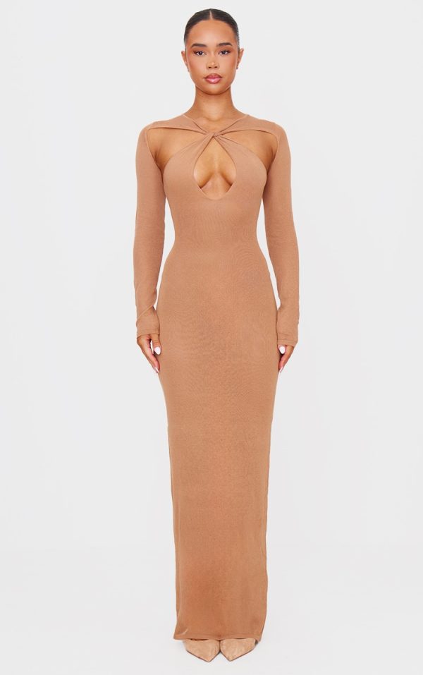 PLT Label Tan Knitted Twist Detail Sheer Maxi Dress