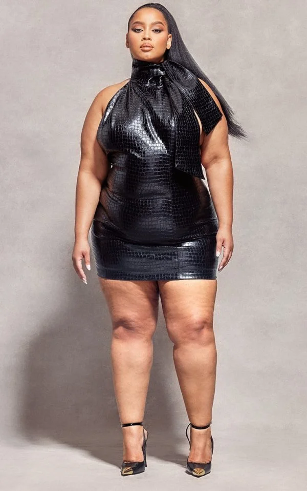 Plus Black Croc PU Bow Detail Bodycon Dress