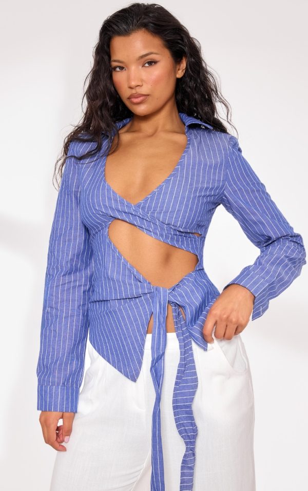 Navy Pinstripe Tie Front Cut Out Shirt