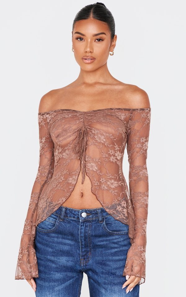 Taupe Bardot Lace Detail Flared Sleeve Long Top