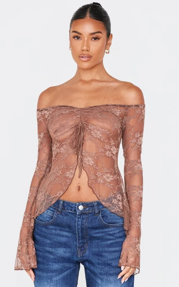 Taupe Bardot Lace Detail Flared Sleeve Long Top