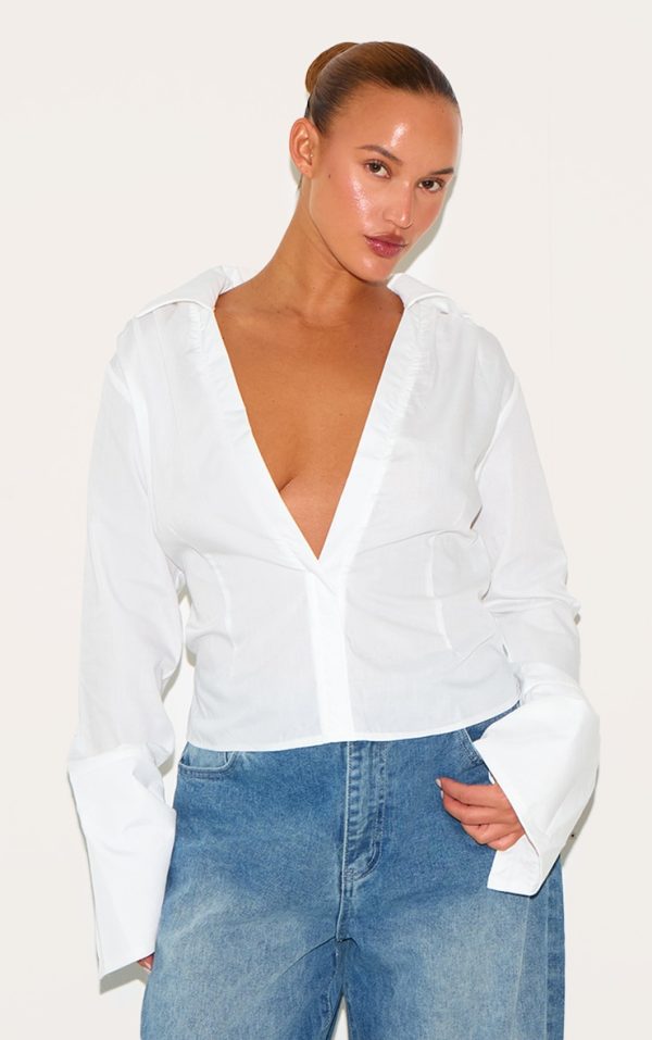 Plus White Cinched Tie Waist Shirt