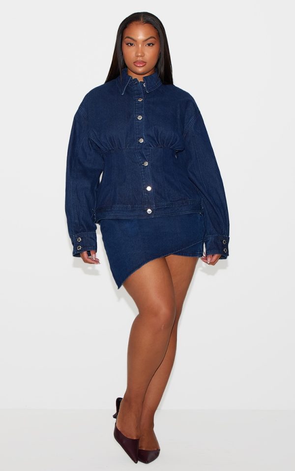 Plus Indigo Asymmetric Layered Panel Denim Mini Skirt